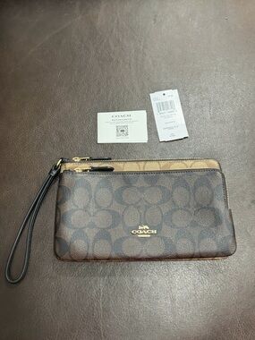 Coach Brown/Tan Signature Double Zip Wristlet with Gold Hardware